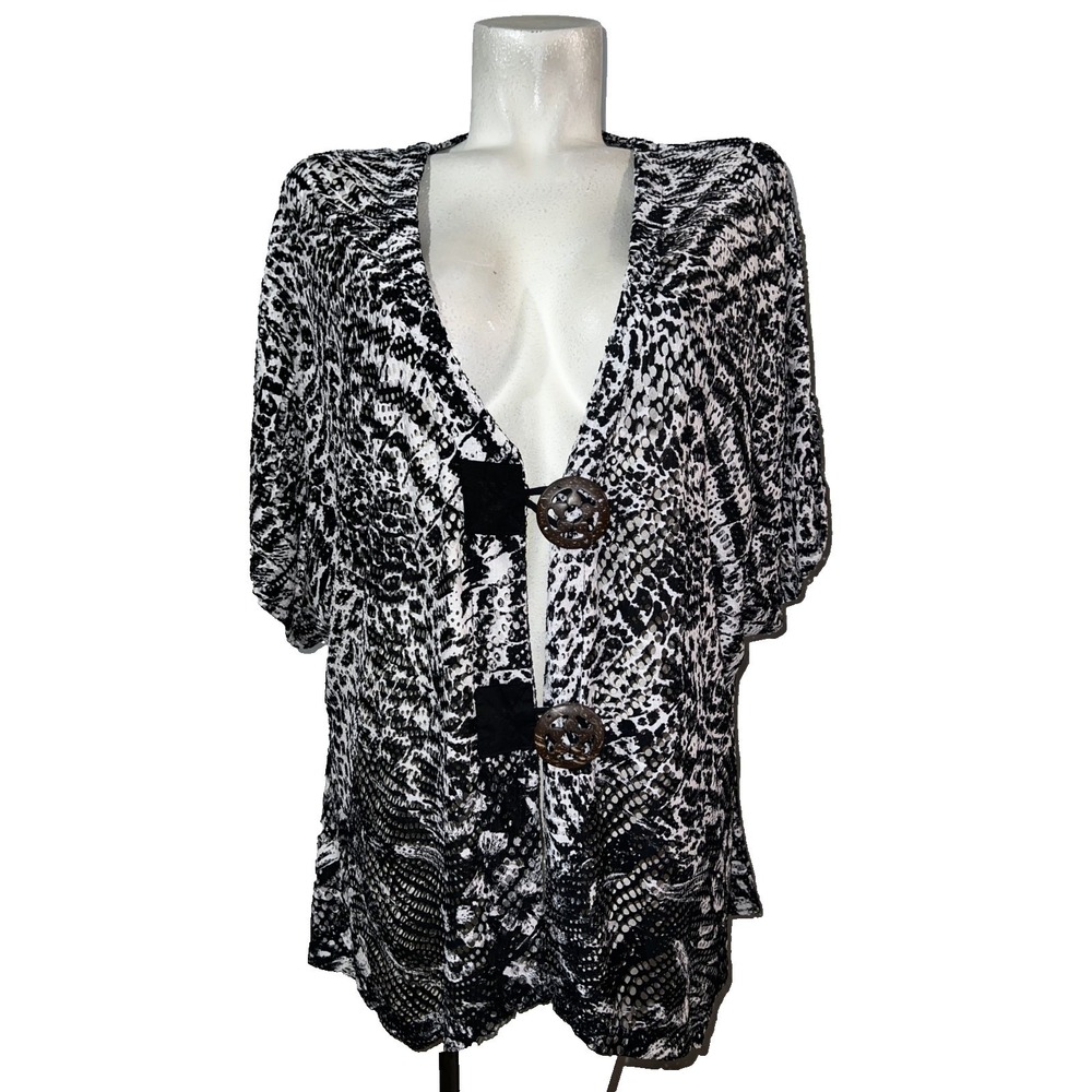 Erin London Womens XL Black White Animal Print Mesh Button Front Cardigan Top